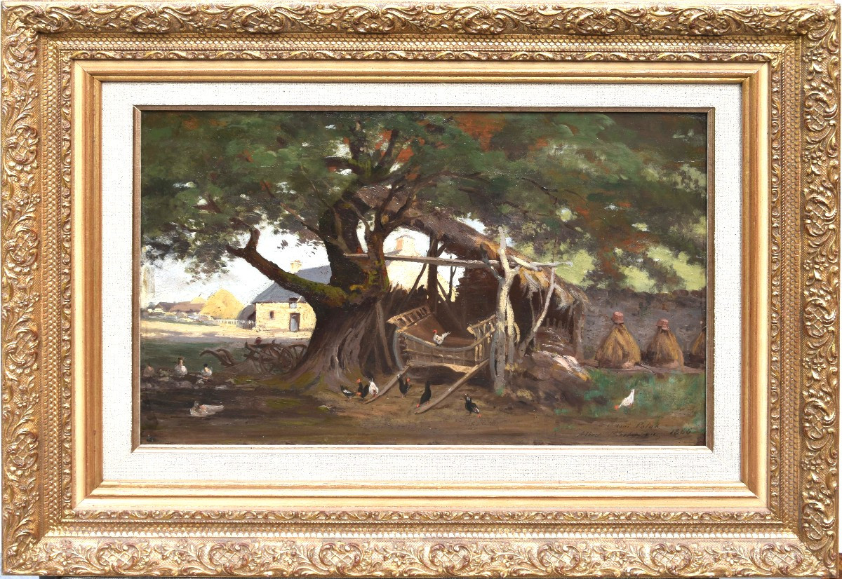 Albert Charles PHILIPPON "Cour de ferme" 1886 huile sur toile 26x40